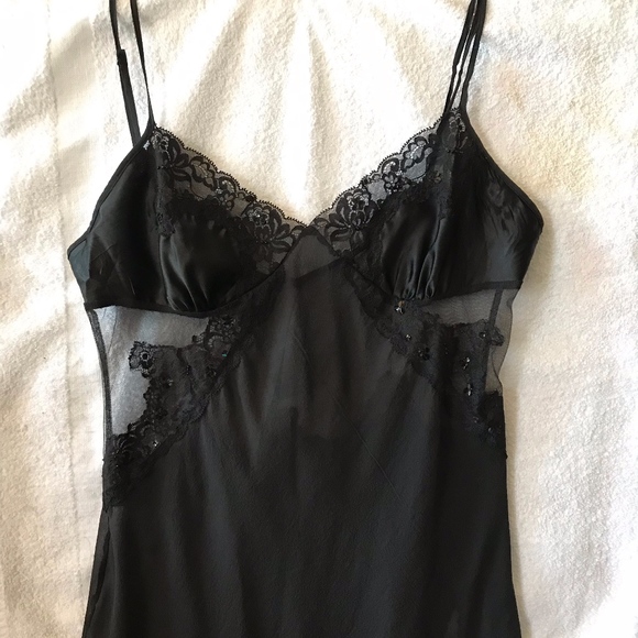 Satin Black Sheer Rhinestones Small Victoria/'s Secret Nightgown